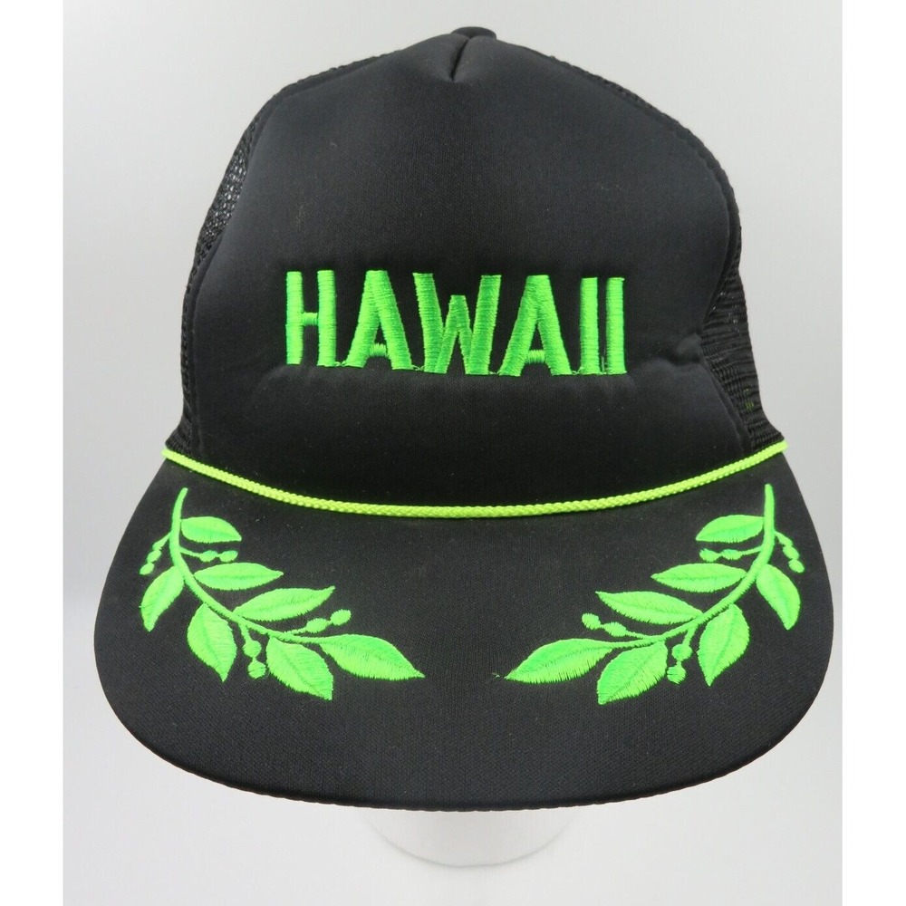 Vintage Hawaii Trucker Hat Cap Snapback Mesh Foam Green with Leaf and Rope Blk
